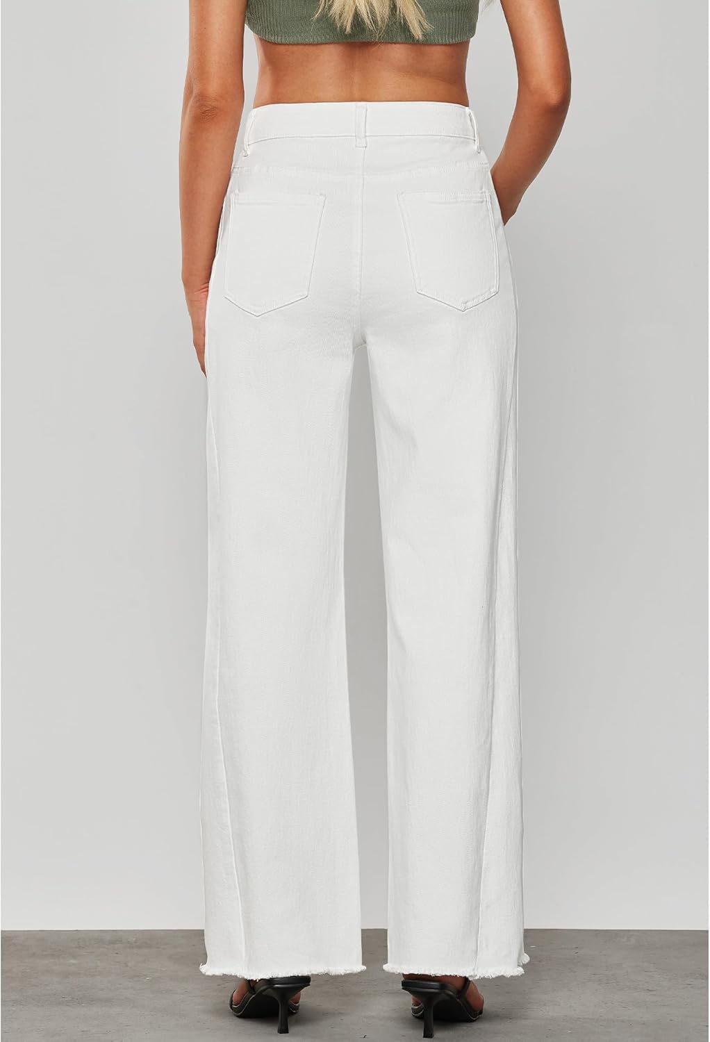 GRAPENT Wide Leg Jeans for Women High Waisted Trendy Strechy Denim Pants Side Seam Frayed Hem Baggy Work Trouser JeansCream White
