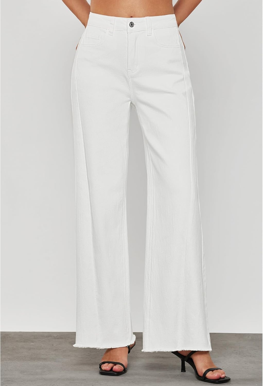 GRAPENT Wide Leg Jeans for Women High Waisted Trendy Strechy Denim Pants Side Seam Frayed Hem Baggy Work Trouser JeansCream White