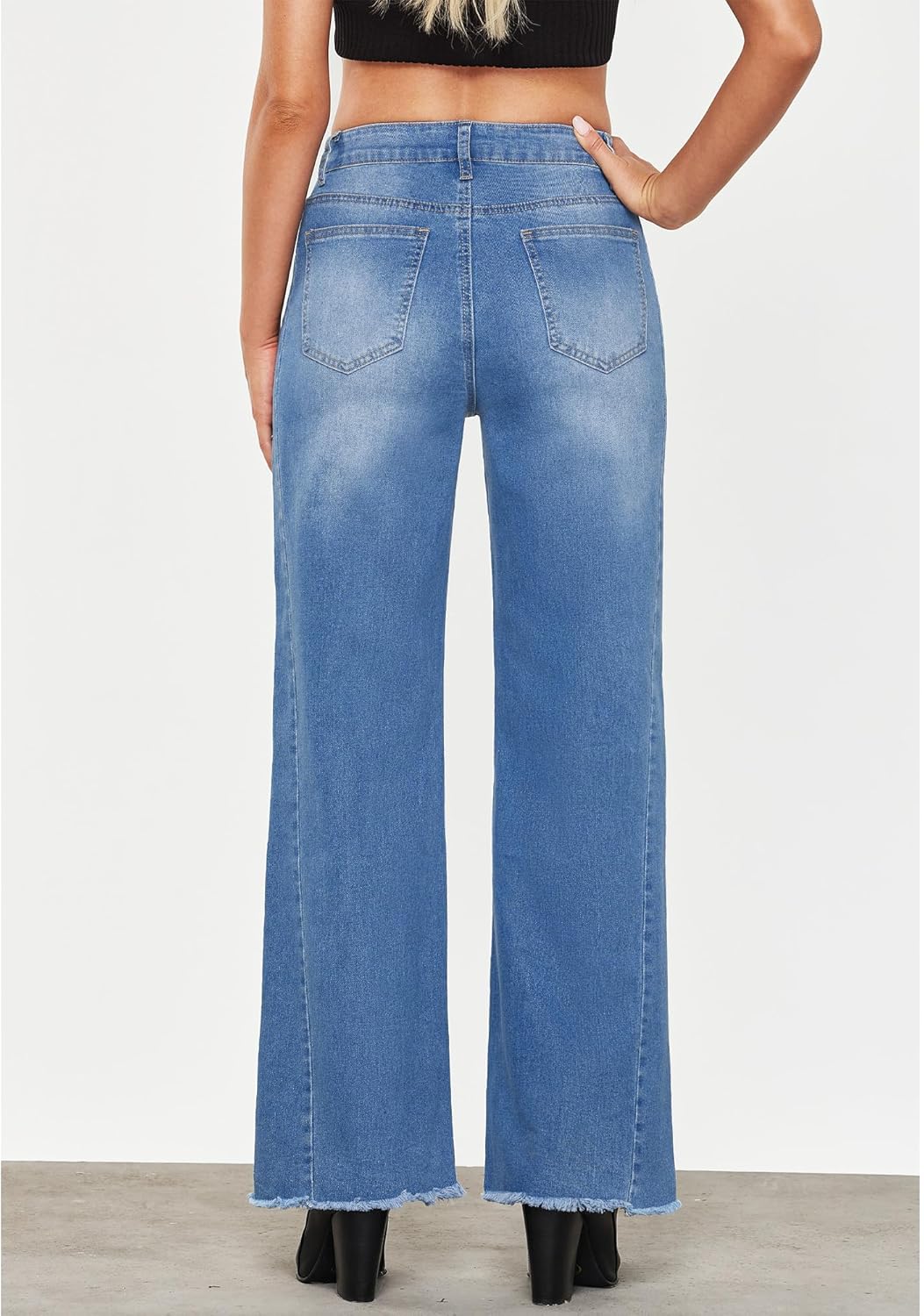 GRAPENT Wide Leg Jeans for Women High Waisted Trendy Strechy Denim Pants Side Seam Frayed Hem Baggy Work Trouser JeansMedium Blue