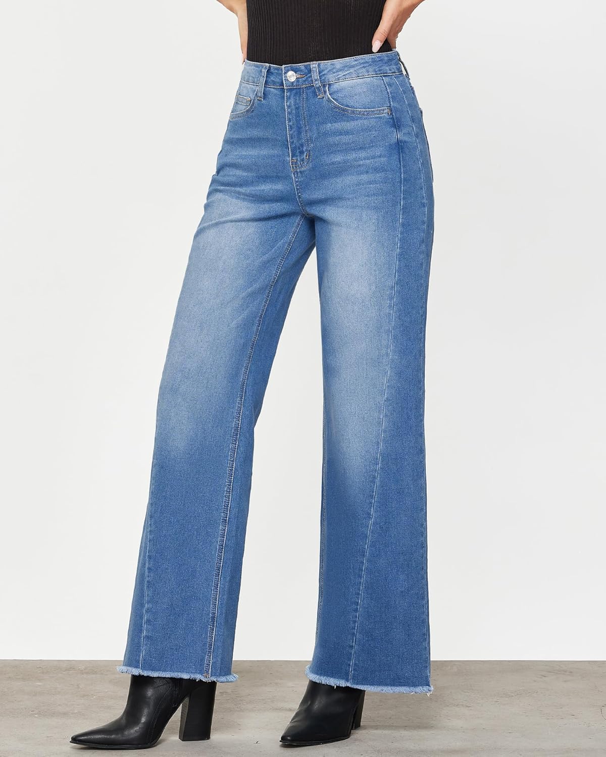 GRAPENT Wide Leg Jeans for Women High Waisted Trendy Strechy Denim Pants Side Seam Frayed Hem Baggy Work Trouser JeansMedium Blue
