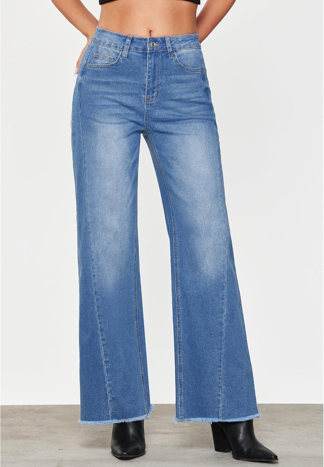 GRAPENT Wide Leg Jeans for Women High Waisted Trendy Strechy Denim Pants Side Seam Frayed Hem Baggy Work Trouser JeansMedium Blue