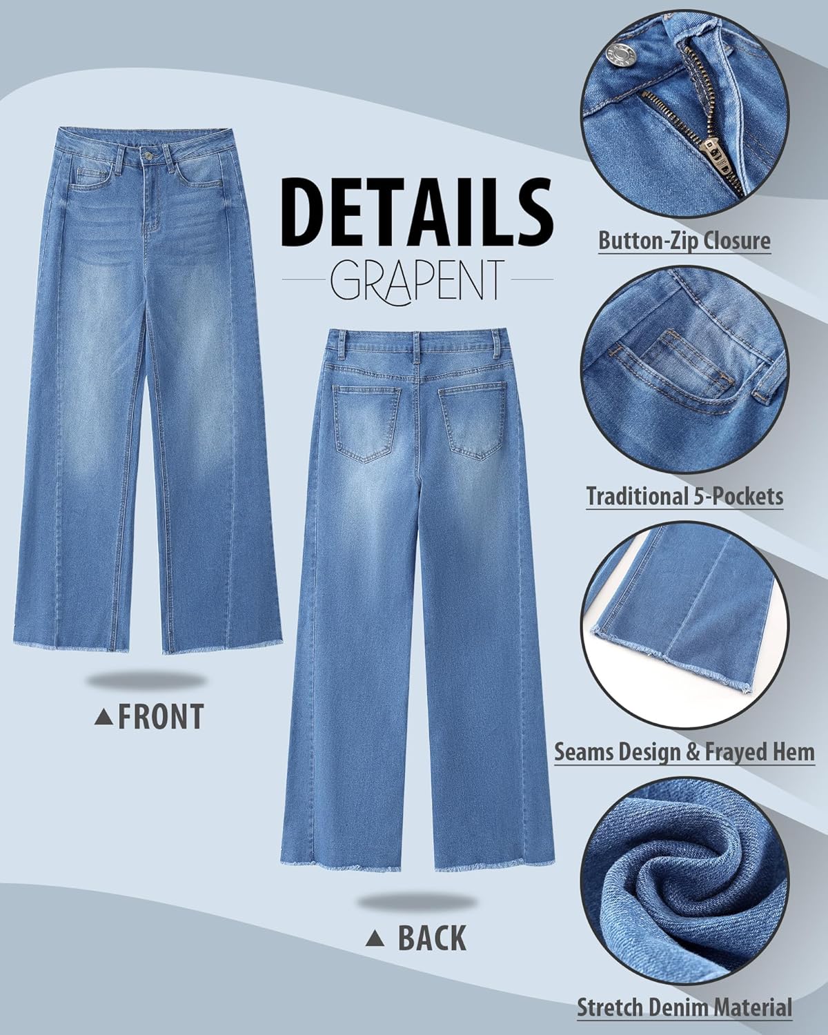GRAPENT Wide Leg Jeans for Women High Waisted Trendy Strechy Denim Pants Side Seam Frayed Hem Baggy Work Trouser JeansMedium Blue