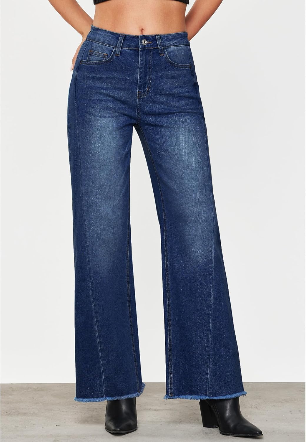 GRAPENT Wide Leg Jeans for Women High Waisted Trendy Strechy Denim Pants Side Seam Frayed Hem Baggy Work Trouser JeansNightfall Blue