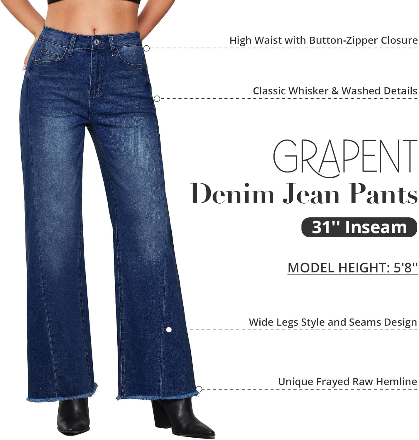 GRAPENT Wide Leg Jeans for Women High Waisted Trendy Strechy Denim Pants Side Seam Frayed Hem Baggy Work Trouser JeansNightfall Blue