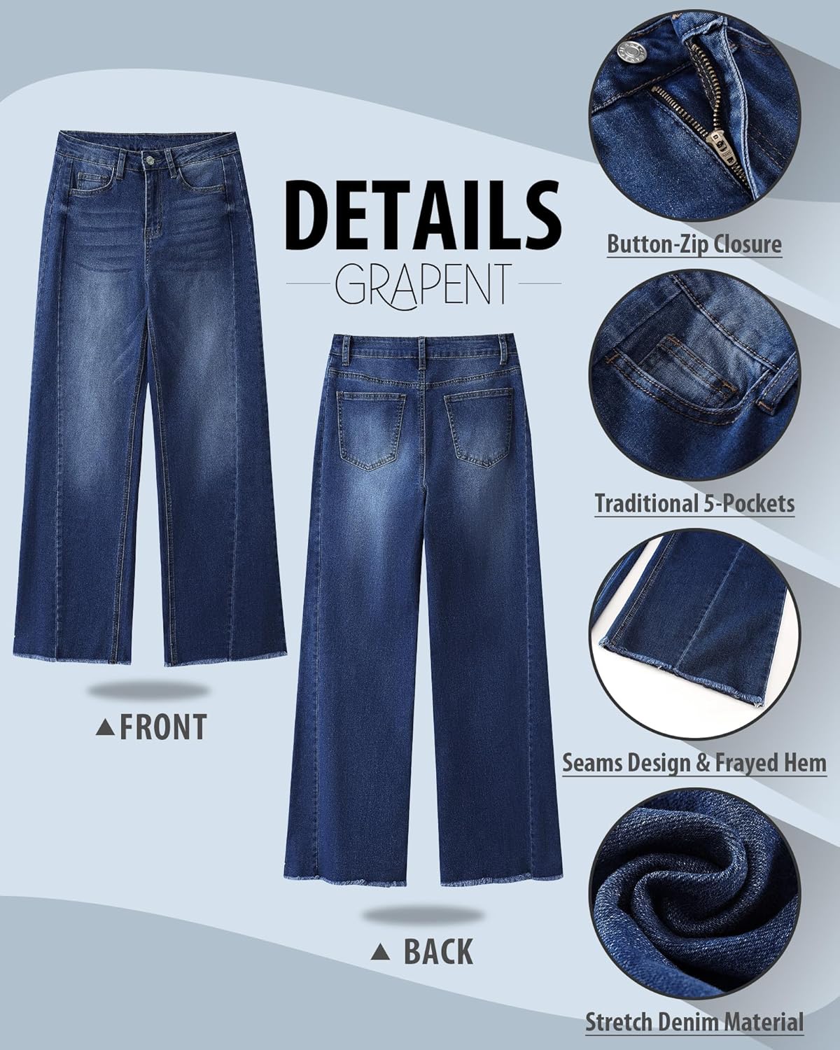 GRAPENT Wide Leg Jeans for Women High Waisted Trendy Strechy Denim Pants Side Seam Frayed Hem Baggy Work Trouser JeansNightfall Blue