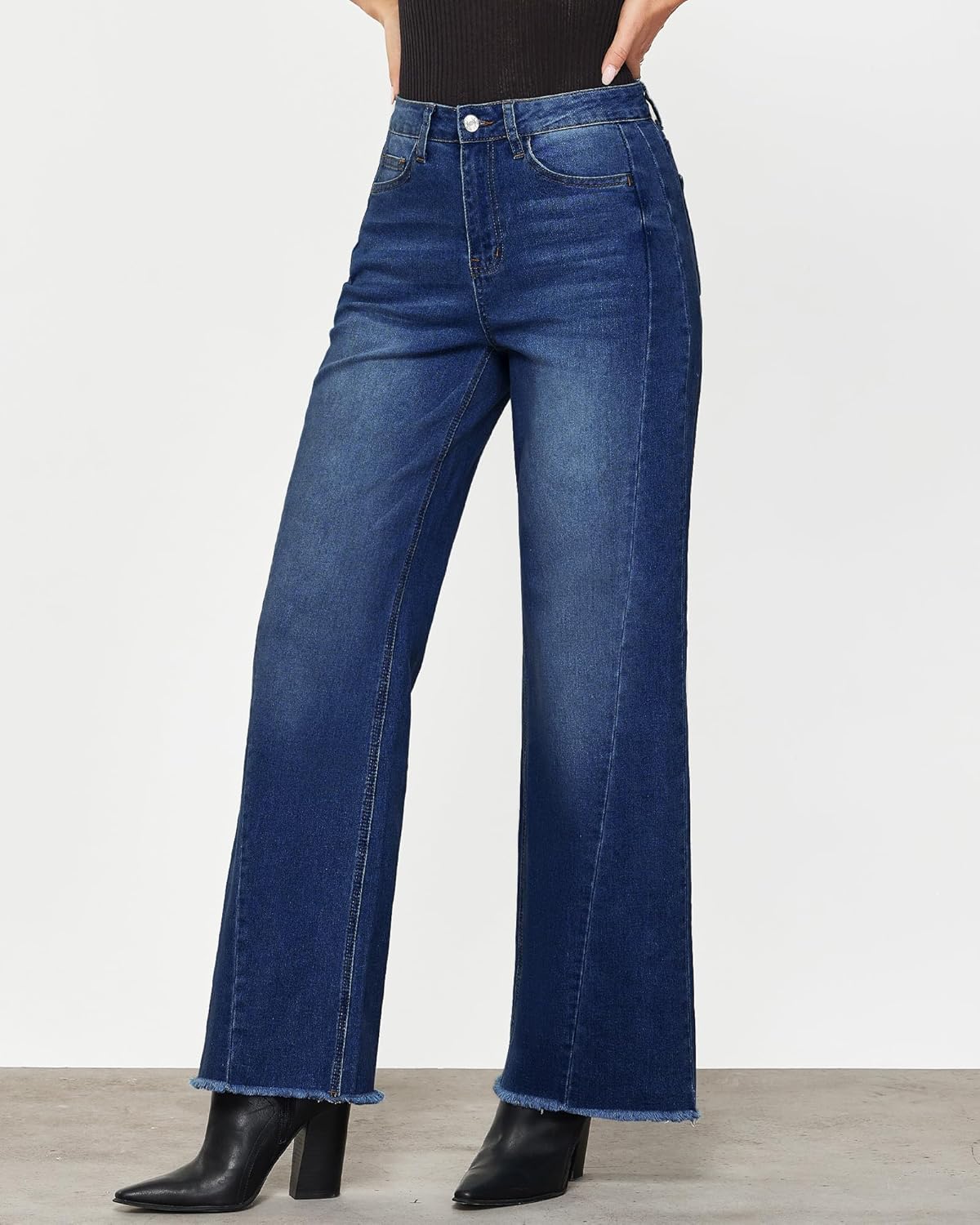 GRAPENT Wide Leg Jeans for Women High Waisted Trendy Strechy Denim Pants Side Seam Frayed Hem Baggy Work Trouser JeansNightfall Blue