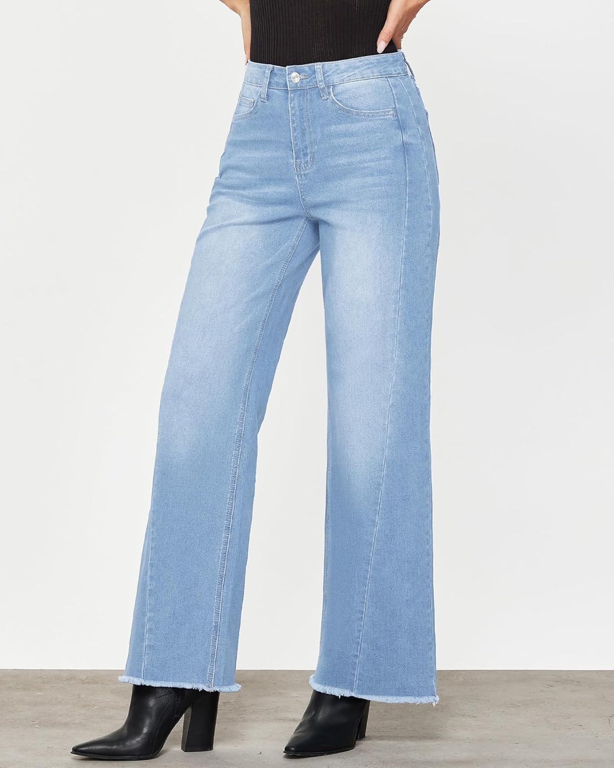 GRAPENT Wide Leg Jeans for Women High Waisted Trendy Strechy Denim Pants Side Seam Frayed Hem Baggy Work Trouser JeansSky Blue