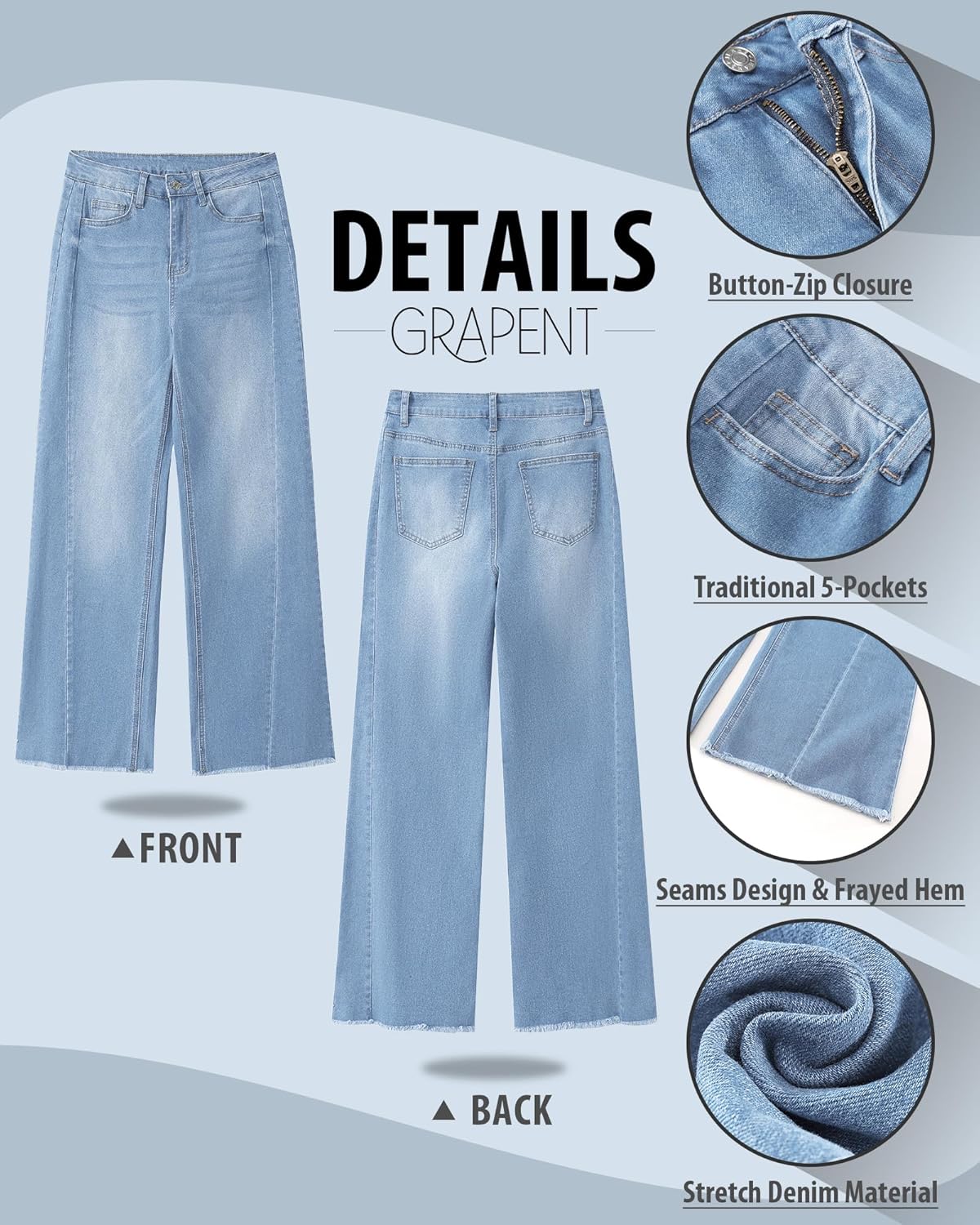 GRAPENT Wide Leg Jeans for Women High Waisted Trendy Strechy Denim Pants Side Seam Frayed Hem Baggy Work Trouser JeansSky Blue