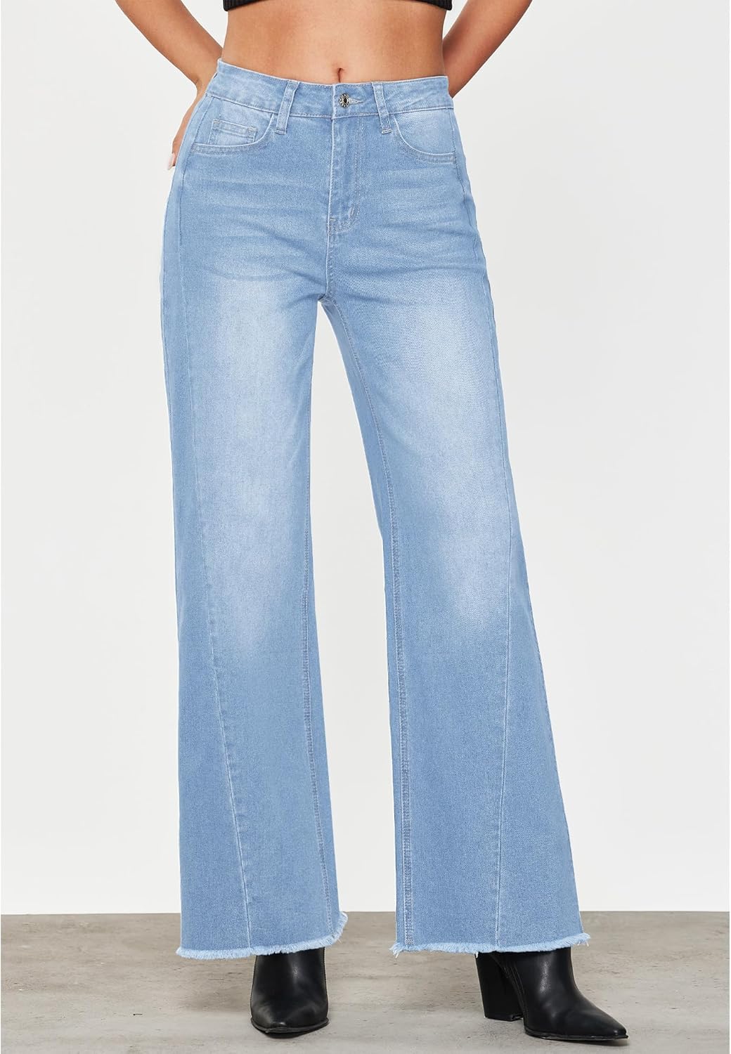 GRAPENT Wide Leg Jeans for Women High Waisted Trendy Strechy Denim Pants Side Seam Frayed Hem Baggy Work Trouser JeansSky Blue