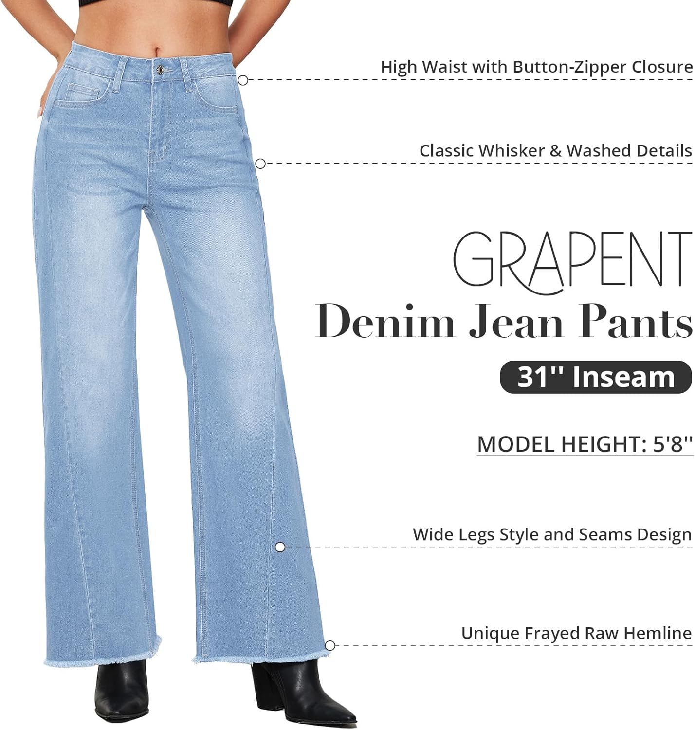 GRAPENT Wide Leg Jeans for Women High Waisted Trendy Strechy Denim Pants Side Seam Frayed Hem Baggy Work Trouser JeansSky Blue