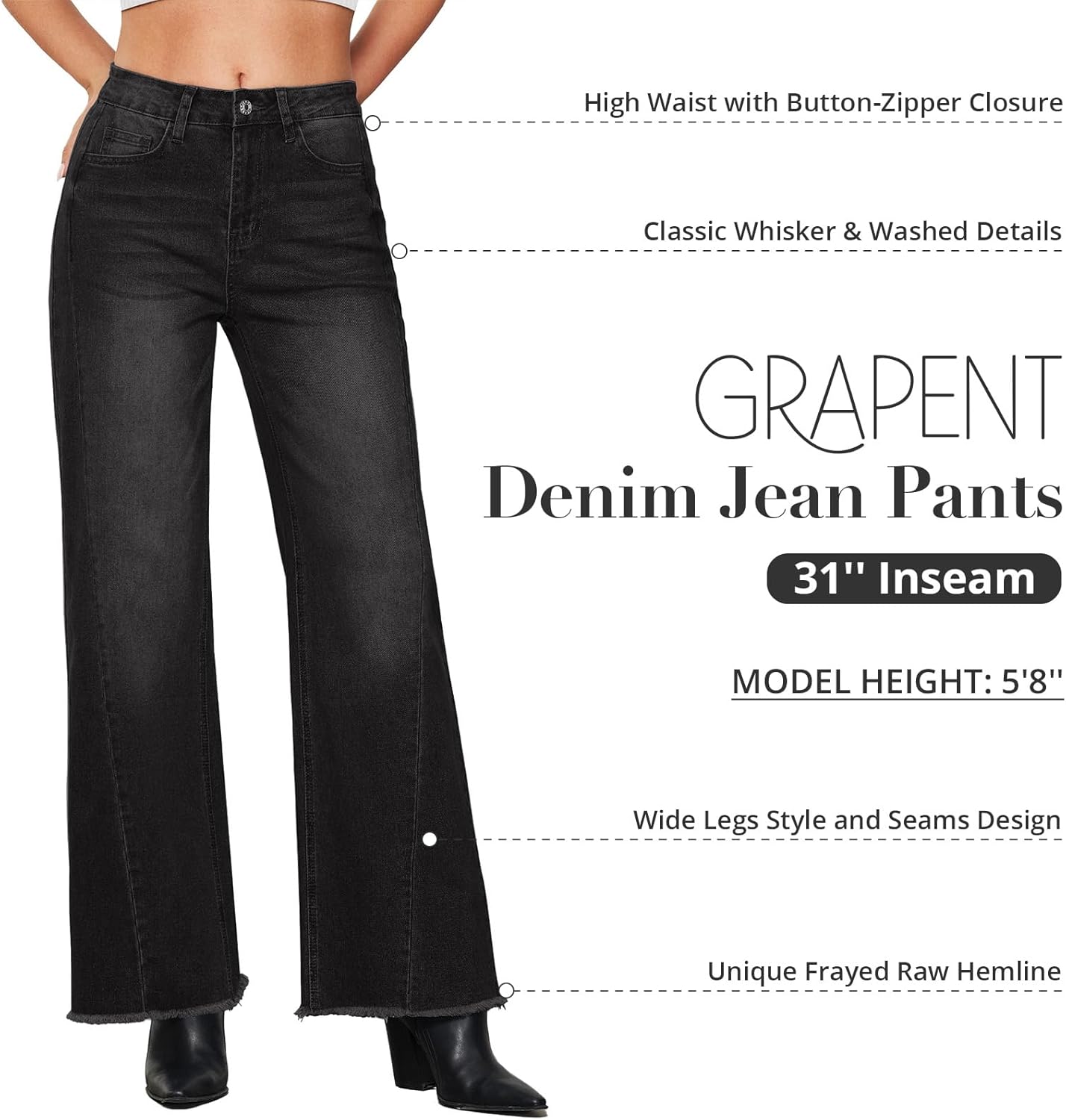 GRAPENT Wide Leg Jeans for Women High Waisted Trendy Strechy Denim Pants Side Seam Frayed Hem Baggy Work Trouser JeansWashed Black