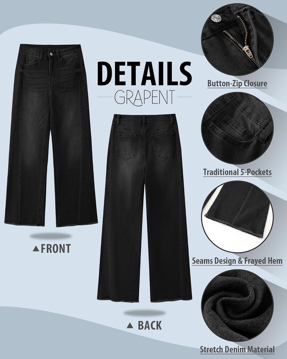 GRAPENT Wide Leg Jeans for Women High Waisted Trendy Strechy Denim Pants Side Seam Frayed Hem Baggy Work Trouser JeansWashed Black