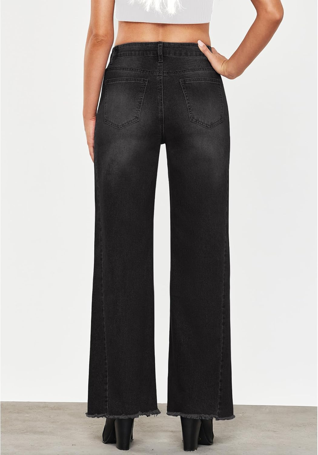 GRAPENT Wide Leg Jeans for Women High Waisted Trendy Strechy Denim Pants Side Seam Frayed Hem Baggy Work Trouser JeansWashed Black