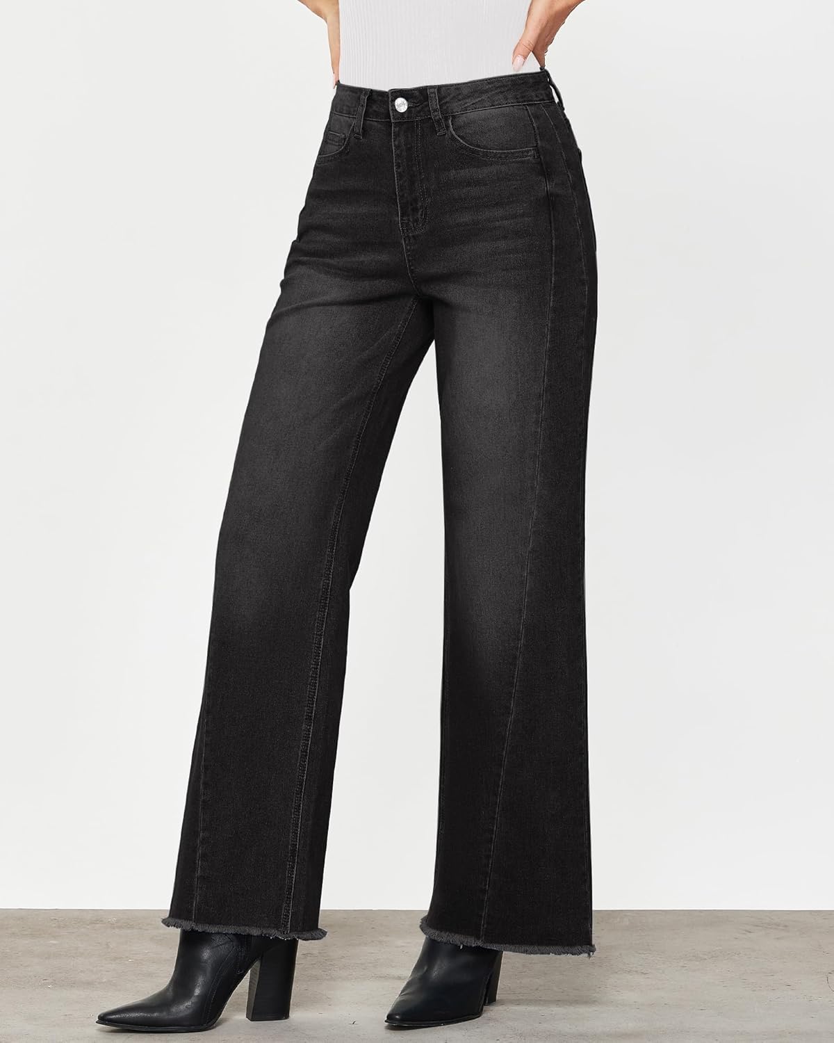 GRAPENT Wide Leg Jeans for Women High Waisted Trendy Strechy Denim Pants Side Seam Frayed Hem Baggy Work Trouser JeansWashed Black