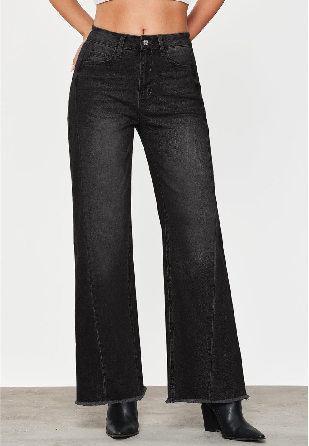 GRAPENT Wide Leg Jeans for Women High Waisted Trendy Strechy Denim Pants Side Seam Frayed Hem Baggy Work Trouser JeansWashed Black