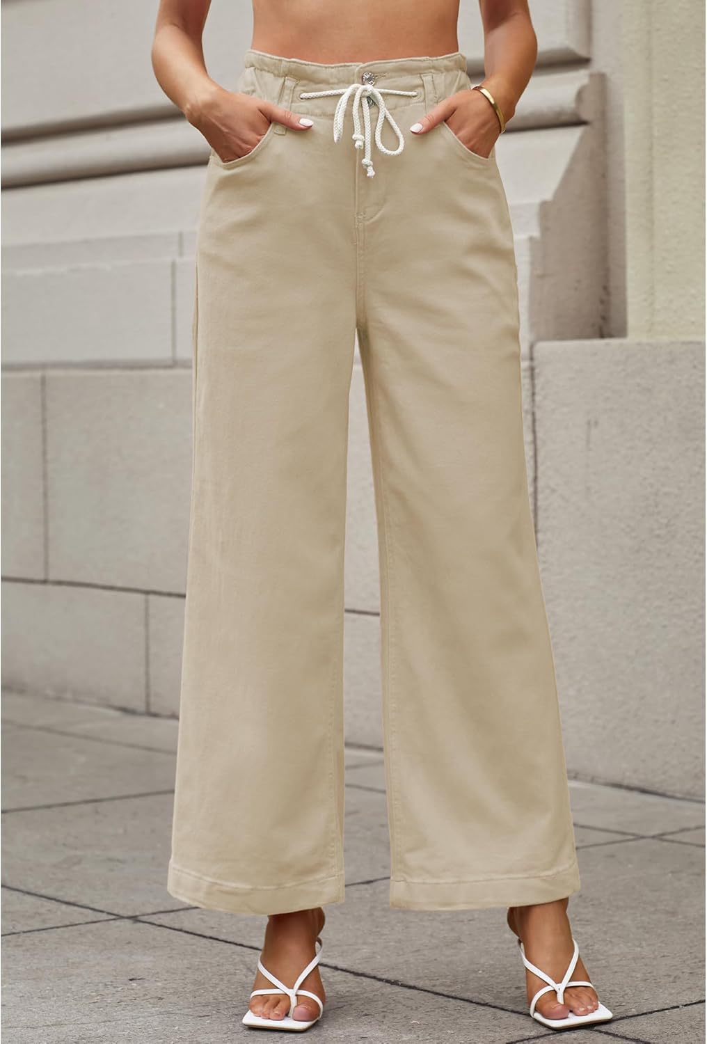GRAPENT Wide Leg Jeans for Women Stretch High Wasited Elastic Waist Bell Bottom Baggy Y2K PantsAlmond Milk
