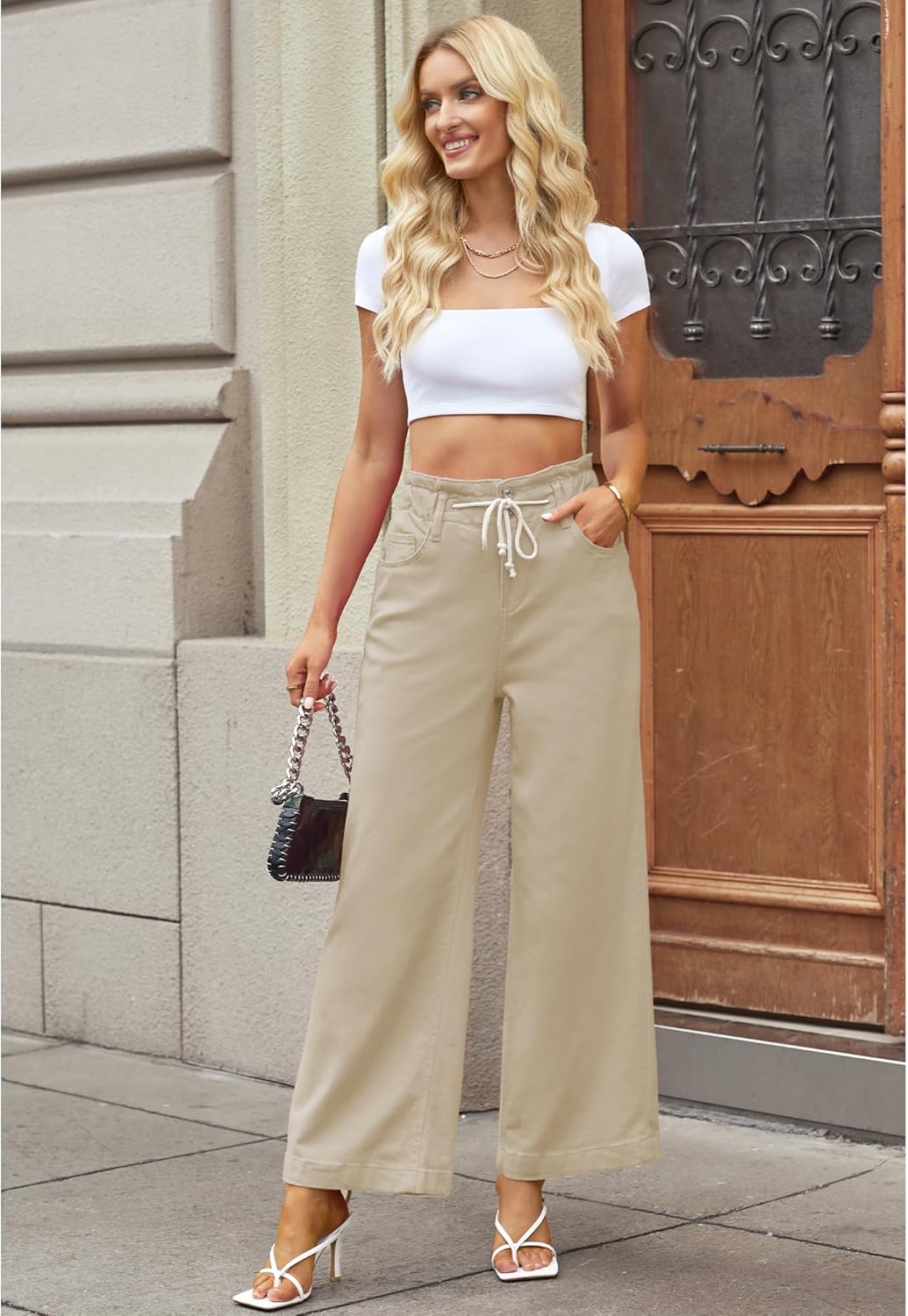 GRAPENT Wide Leg Jeans for Women Stretch High Wasited Elastic Waist Bell Bottom Baggy Y2K PantsAlmond Milk