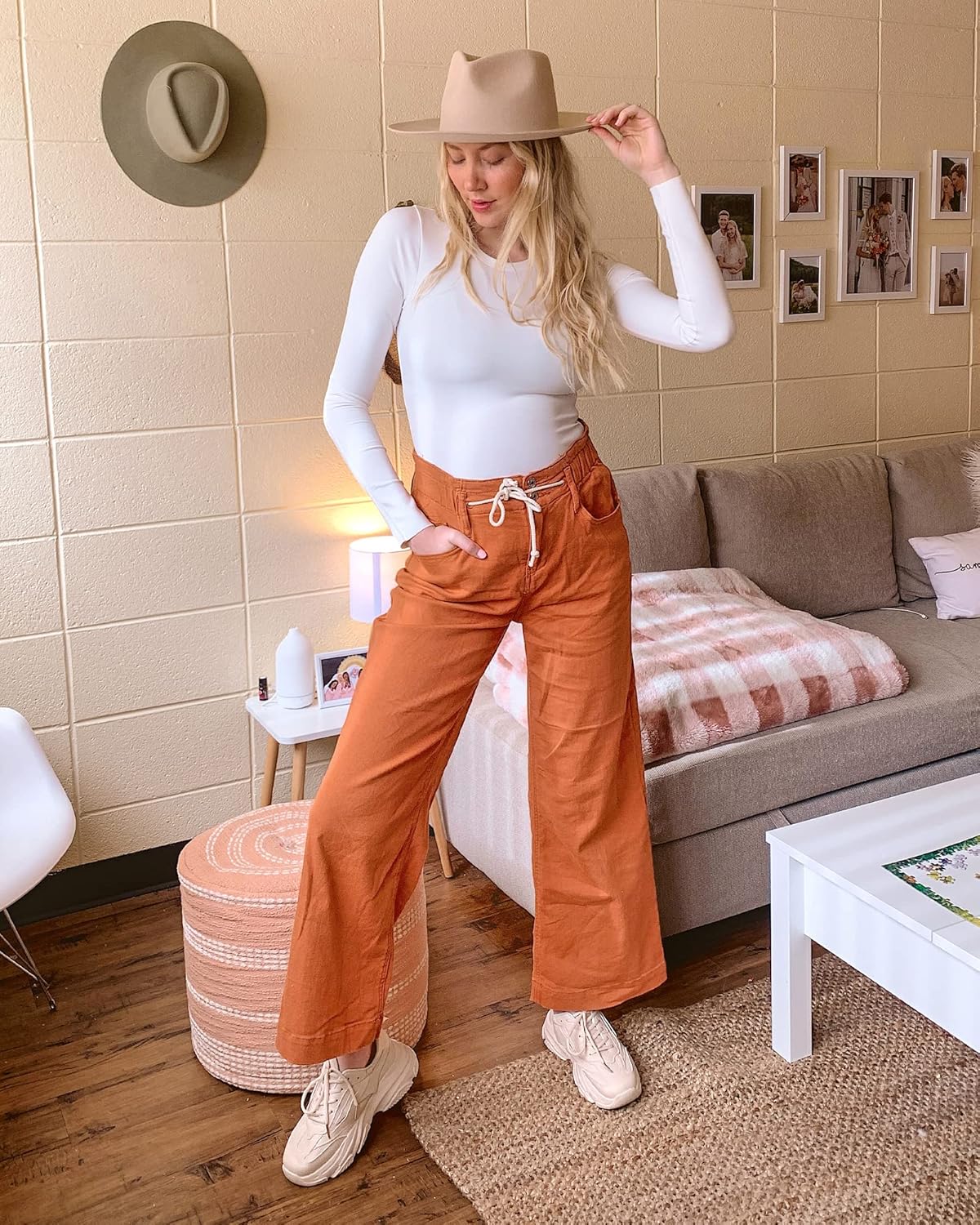 GRAPENT Wide Leg Jeans for Women Stretch High Wasited Elastic Waist Bell Bottom Baggy Y2K PantsApricot Orange