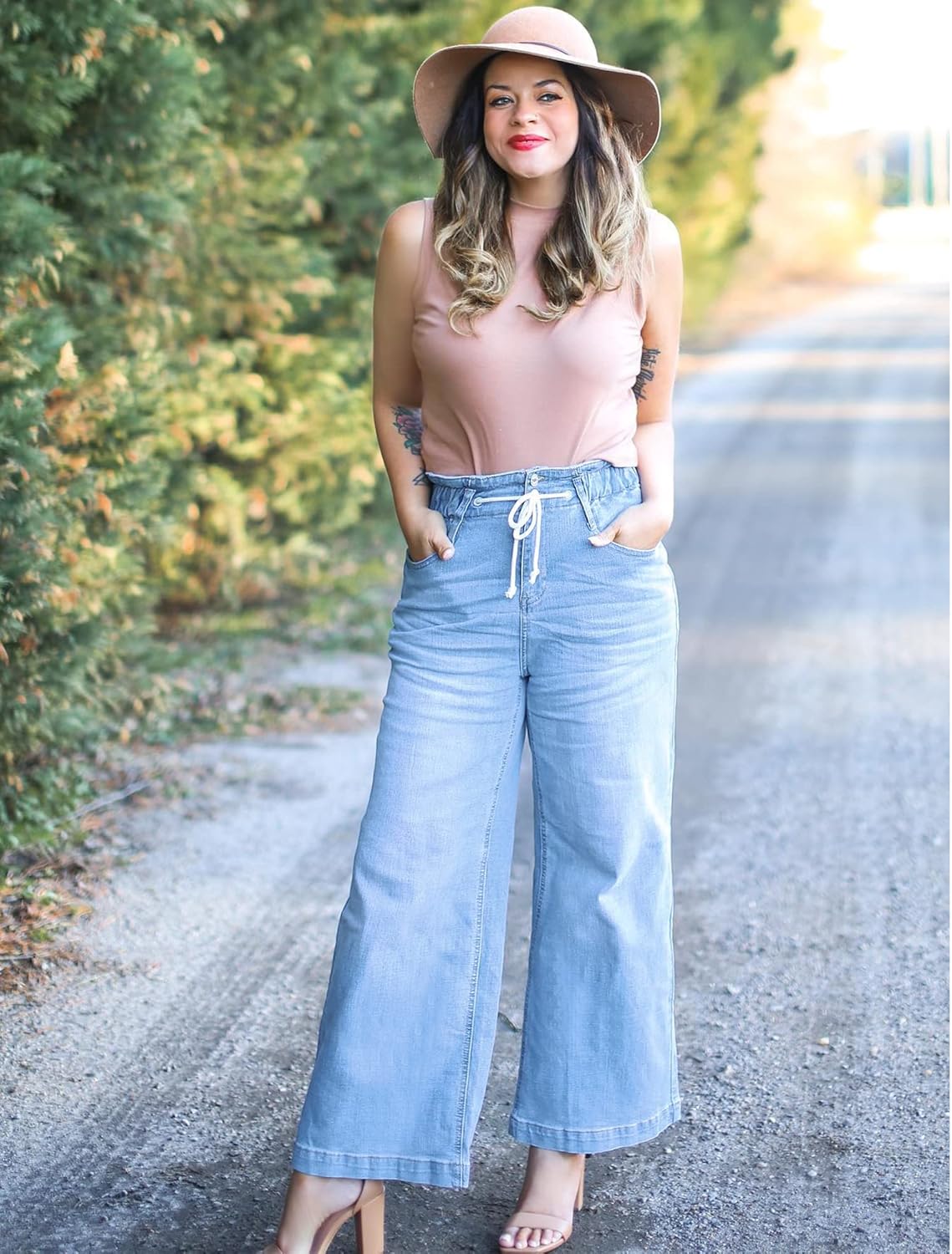 GRAPENT Wide Leg Jeans for Women Stretch High Wasited Elastic Waist Bell Bottom Baggy Y2K PantsAzure Mood