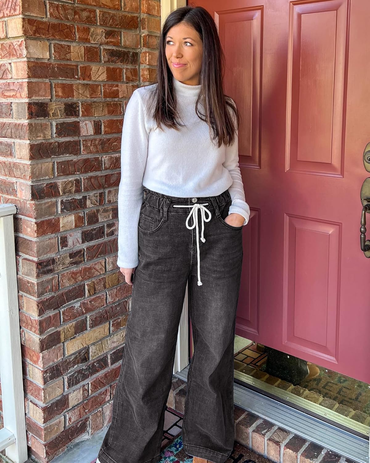GRAPENT Wide Leg Jeans for Women Stretch High Wasited Elastic Waist Bell Bottom Baggy Y2K PantsBlack
