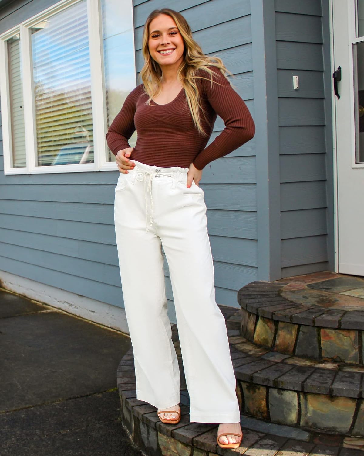 GRAPENT Wide Leg Jeans for Women Stretch High Wasited Elastic Waist Bell Bottom Baggy Y2K PantsBrilliant White