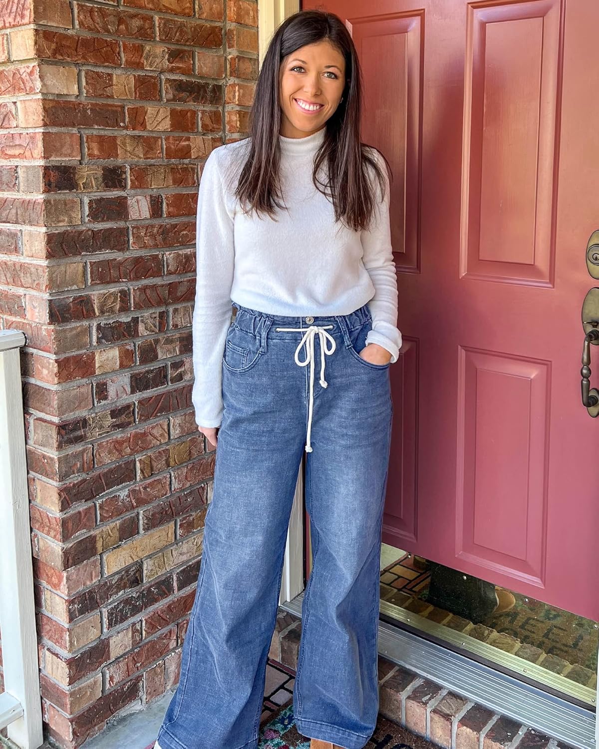 GRAPENT Wide Leg Jeans for Women Stretch High Wasited Elastic Waist Bell Bottom Baggy Y2K PantsClassic Blue