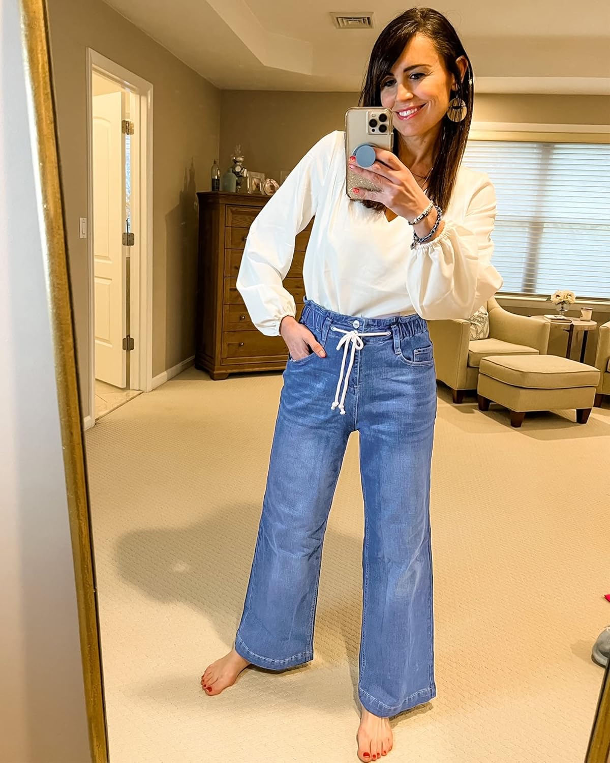 GRAPENT Wide Leg Jeans for Women Stretch High Wasited Elastic Waist Bell Bottom Baggy Y2K PantsClassic Blue