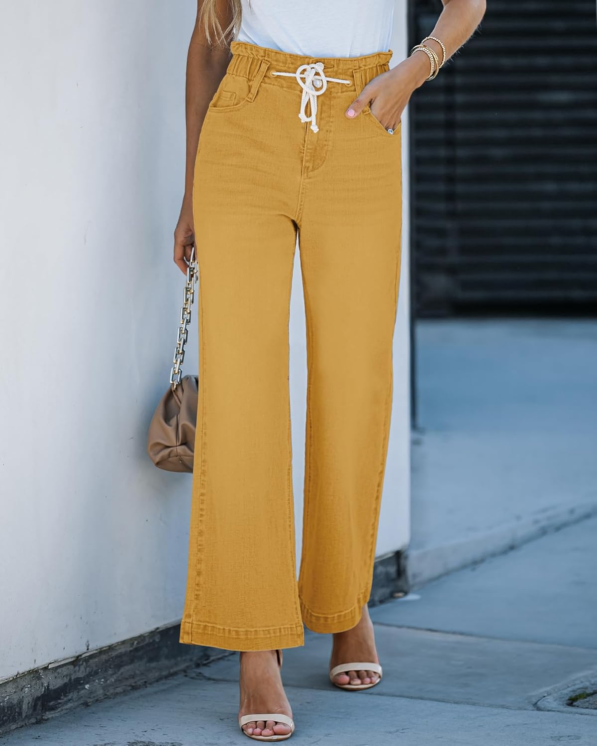 GRAPENT Wide Leg Jeans for Women Stretch High Wasited Elastic Waist Bell Bottom Baggy Y2K PantsMineral Yellow