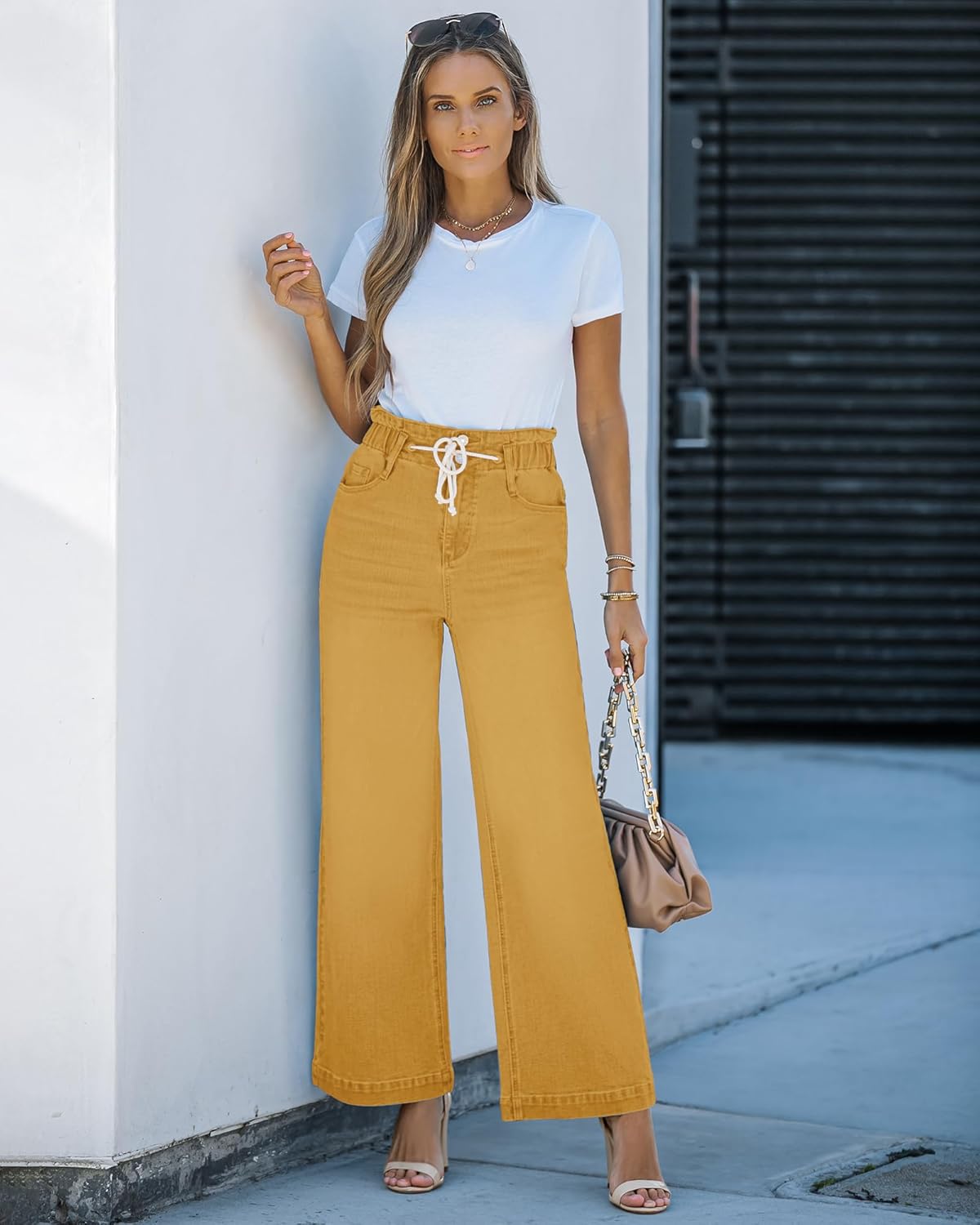 GRAPENT Wide Leg Jeans for Women Stretch High Wasited Elastic Waist Bell Bottom Baggy Y2K PantsMineral Yellow