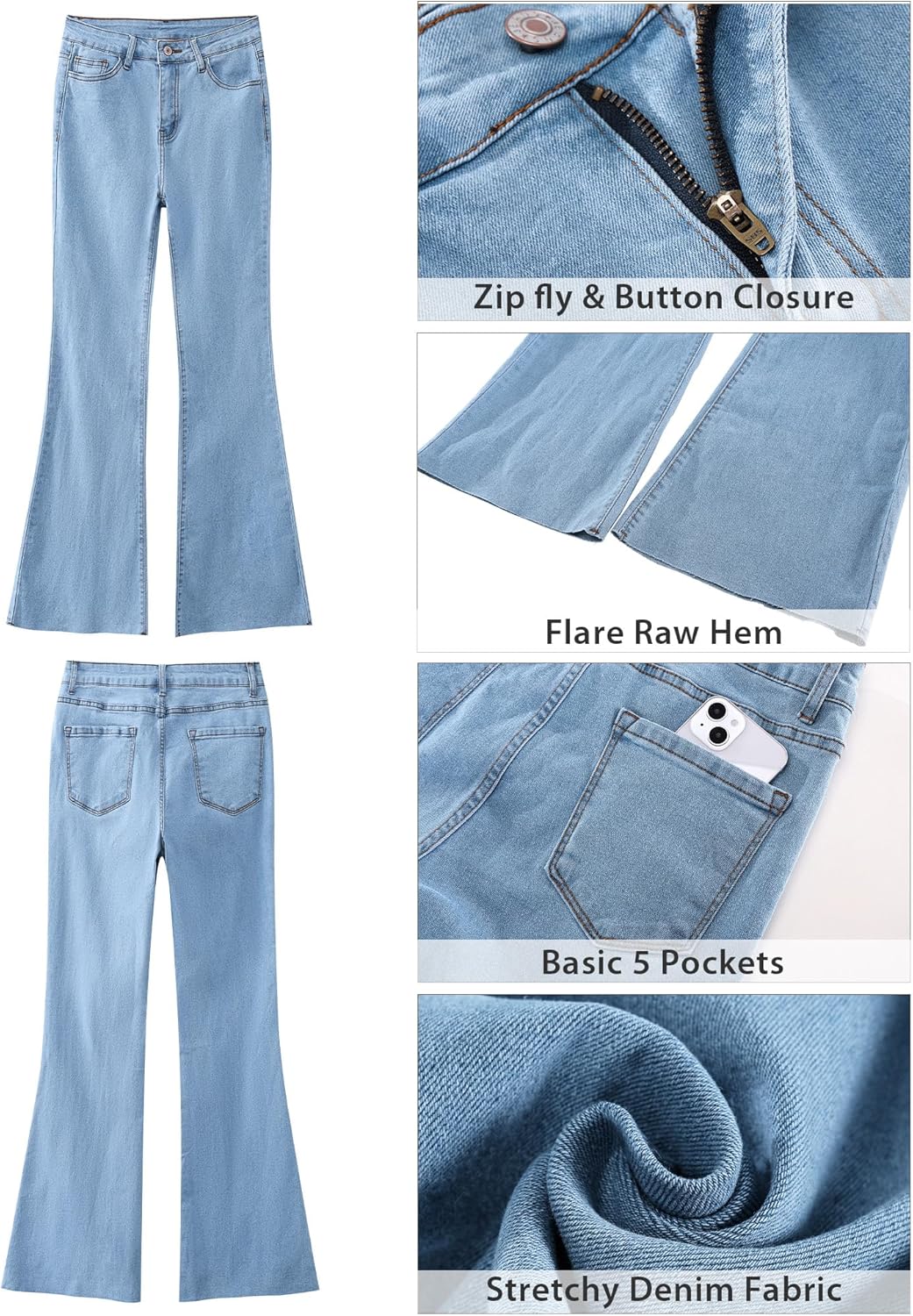 GRAPENT Wide Leg Jeans for Women Trendy High Waisted Flare Stretchy Bell Bottom Denim Pants Baggy Raw Hem Trouser JeansAiry Blue
