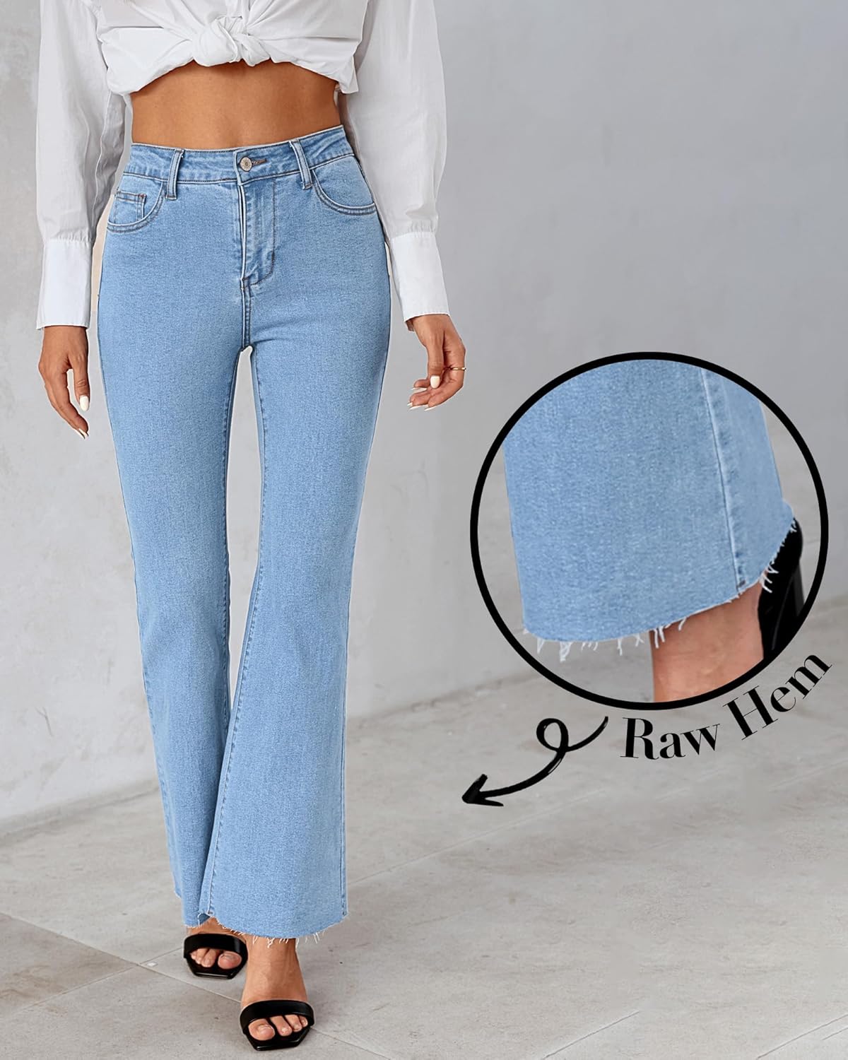 GRAPENT Wide Leg Jeans for Women Trendy High Waisted Flare Stretchy Bell Bottom Denim Pants Baggy Raw Hem Trouser JeansAiry Blue