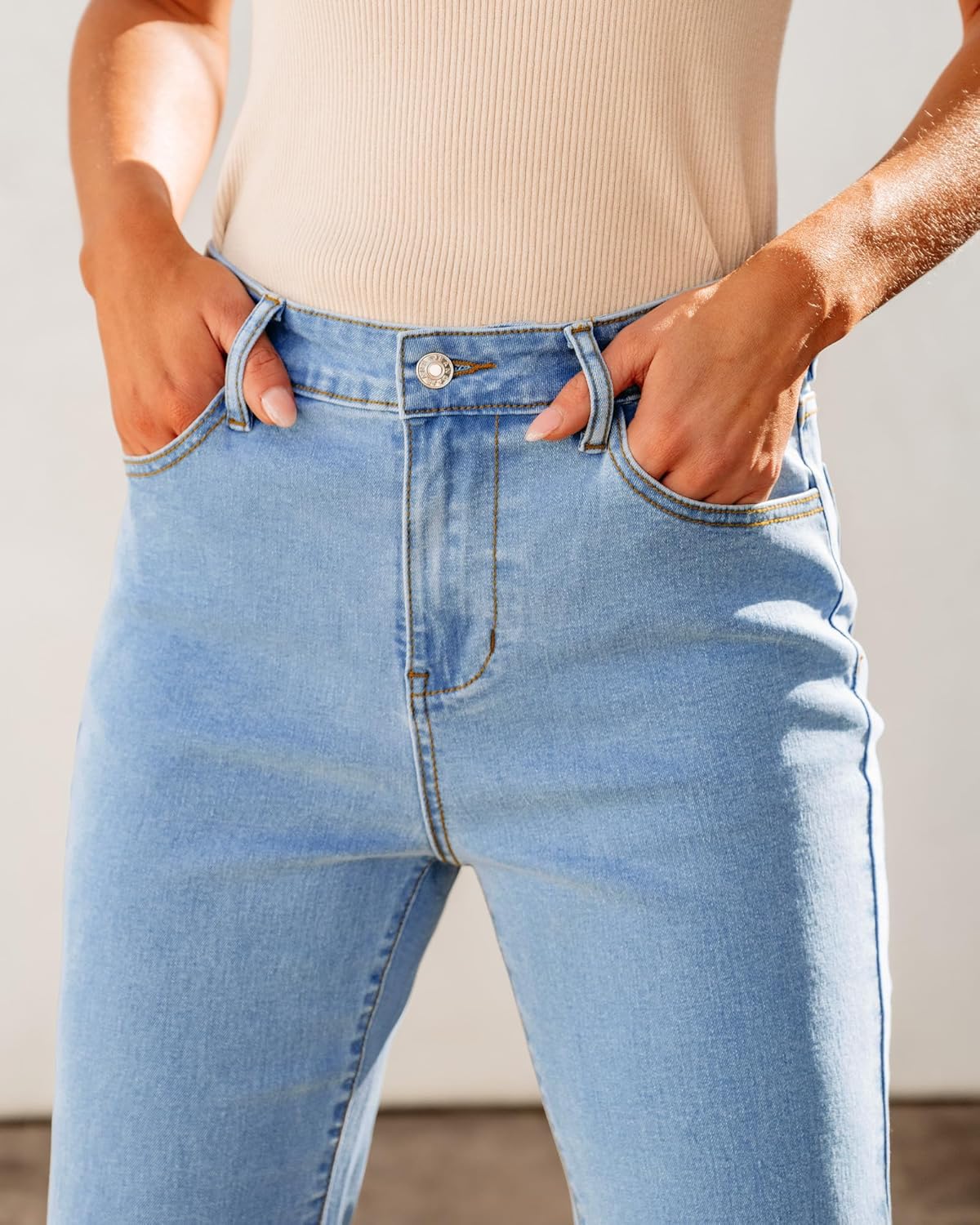 GRAPENT Wide Leg Jeans for Women Trendy High Waisted Flare Stretchy Bell Bottom Denim Pants Baggy Raw Hem Trouser JeansAiry Blue