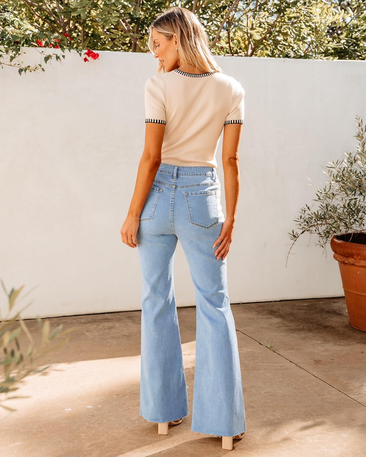 GRAPENT Wide Leg Jeans for Women Trendy High Waisted Flare Stretchy Bell Bottom Denim Pants Baggy Raw Hem Trouser JeansAiry Blue