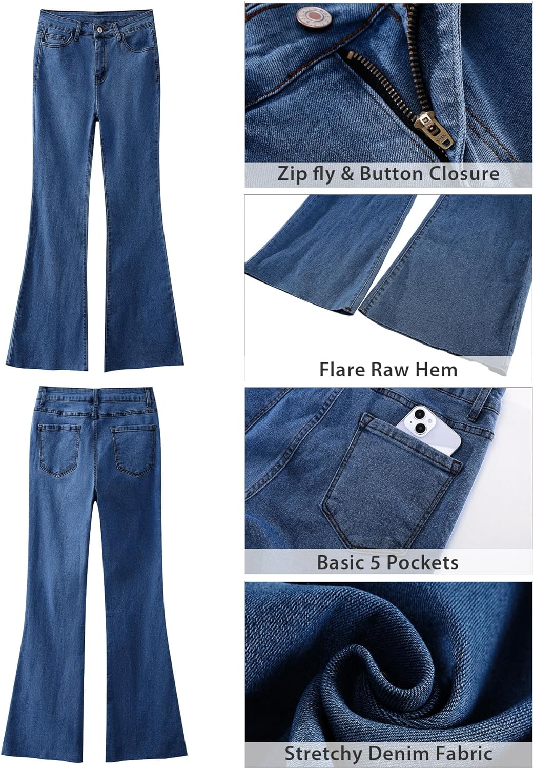 GRAPENT Wide Leg Jeans for Women Trendy High Waisted Flare Stretchy Bell Bottom Denim Pants Baggy Raw Hem Trouser JeansClassic Blue