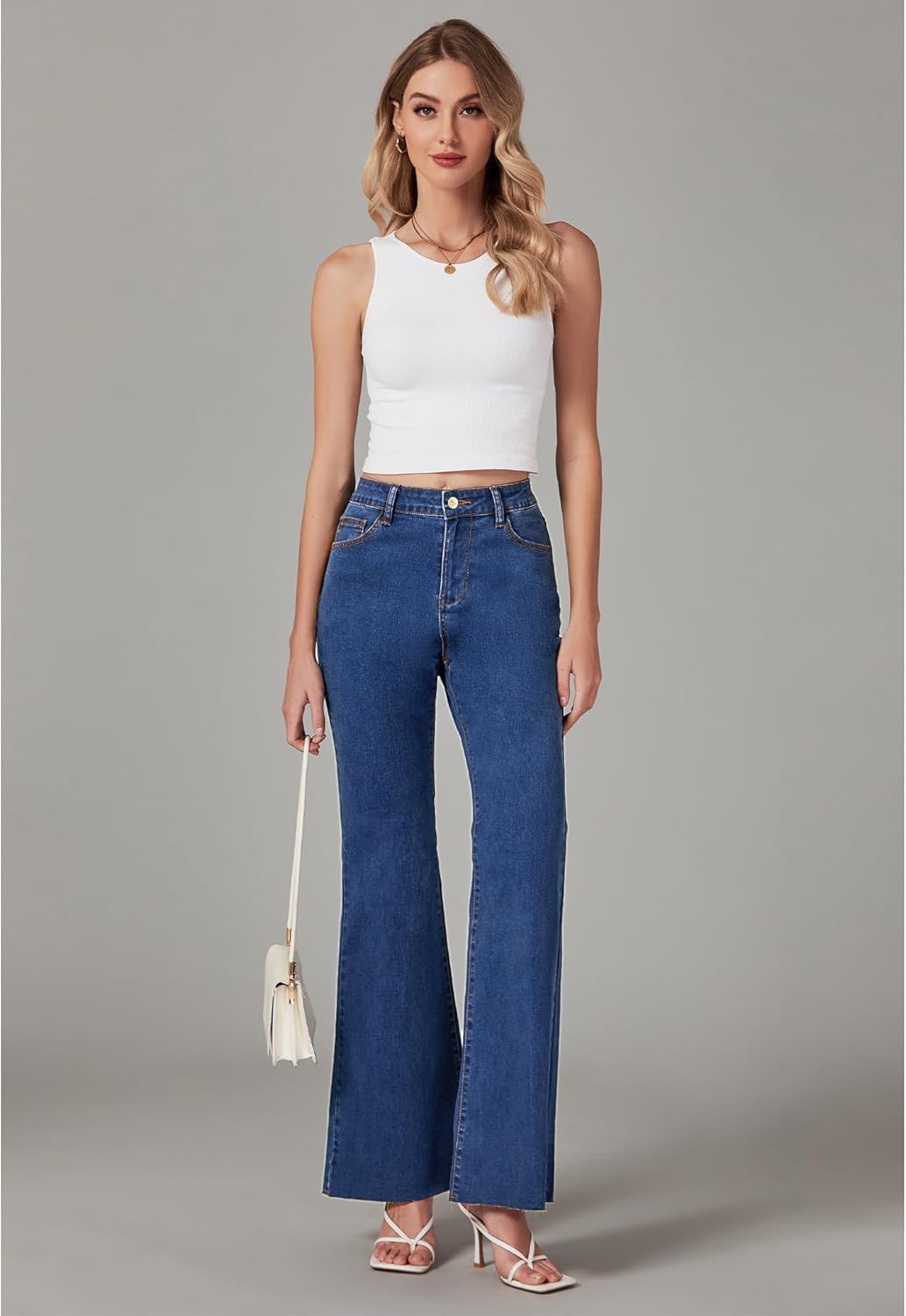 GRAPENT Wide Leg Jeans for Women Trendy High Waisted Flare Stretchy Bell Bottom Denim Pants Baggy Raw Hem Trouser JeansClassic Blue