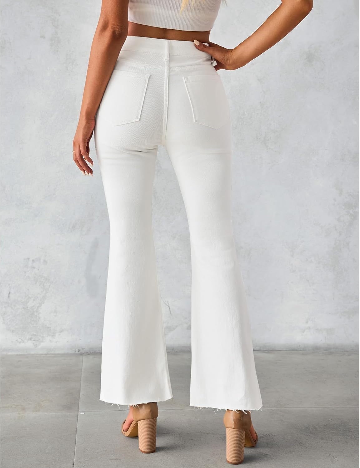 GRAPENT Wide Leg Jeans for Women Trendy High Waisted Flare Stretchy Bell Bottom Denim Pants Baggy Raw Hem Trouser JeansCream White