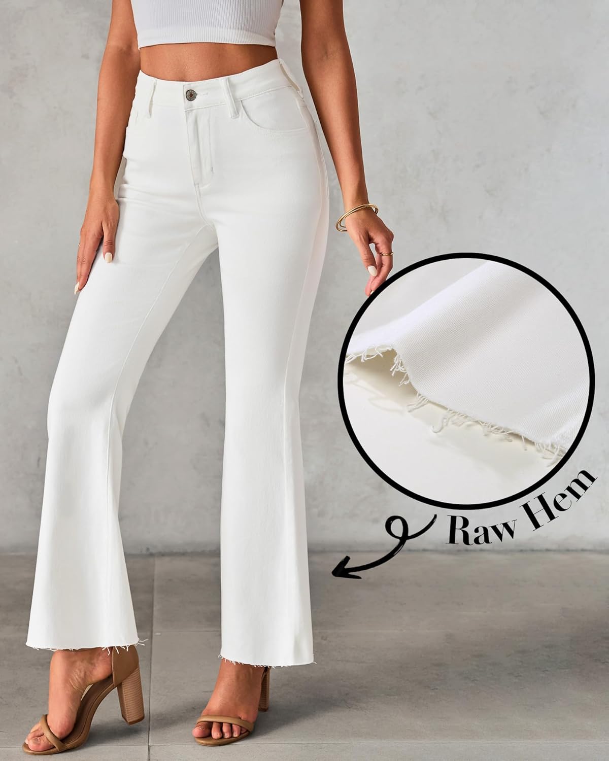 GRAPENT Wide Leg Jeans for Women Trendy High Waisted Flare Stretchy Bell Bottom Denim Pants Baggy Raw Hem Trouser JeansCream White
