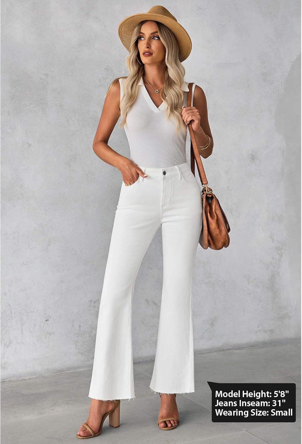 GRAPENT Wide Leg Jeans for Women Trendy High Waisted Flare Stretchy Bell Bottom Denim Pants Baggy Raw Hem Trouser JeansCream White