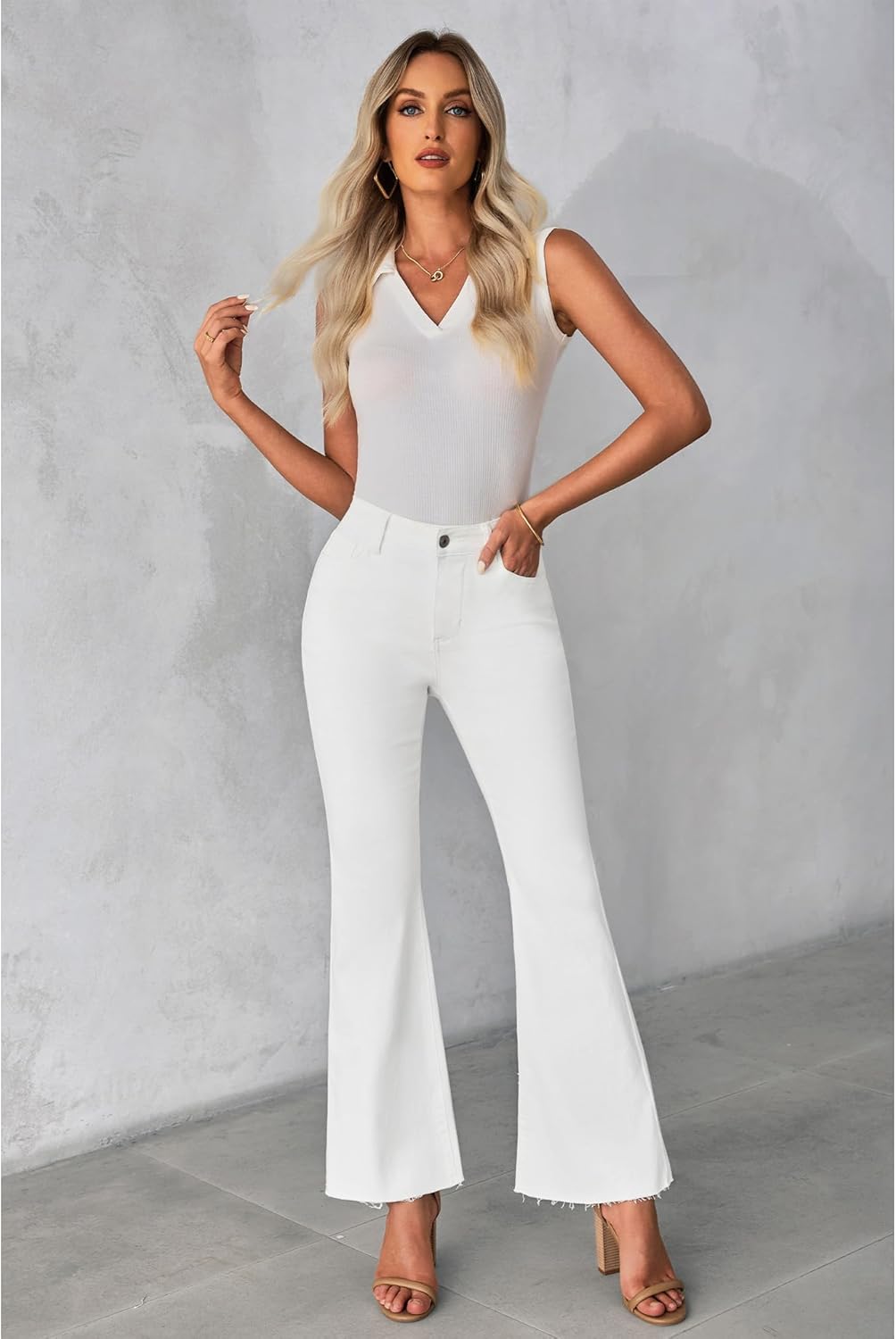 GRAPENT Wide Leg Jeans for Women Trendy High Waisted Flare Stretchy Bell Bottom Denim Pants Baggy Raw Hem Trouser JeansCream White