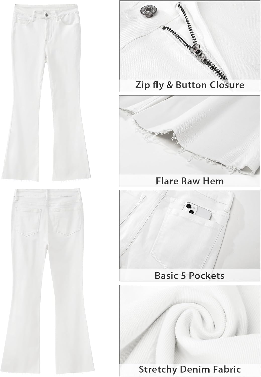 GRAPENT Wide Leg Jeans for Women Trendy High Waisted Flare Stretchy Bell Bottom Denim Pants Baggy Raw Hem Trouser JeansCream White