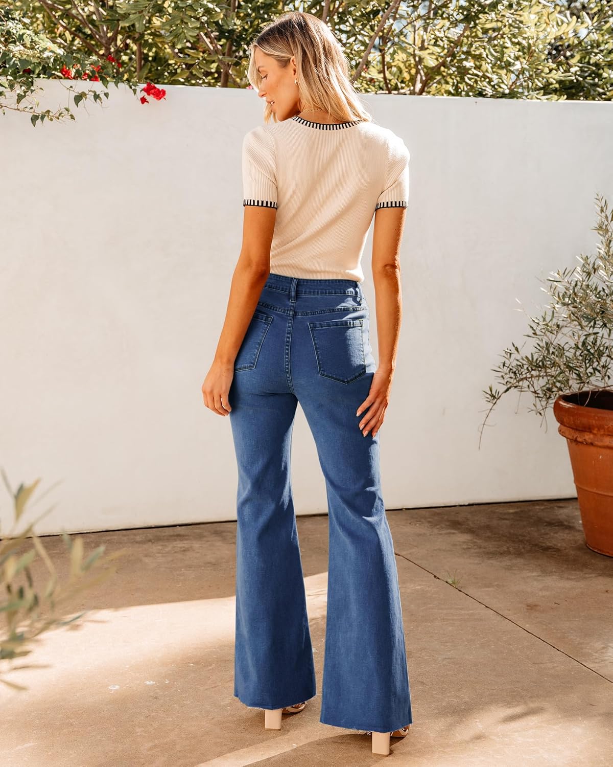 GRAPENT Wide Leg Jeans for Women Trendy High Waisted Flare Stretchy Bell Bottom Denim Pants Baggy Raw Hem Trouser JeansDarkness Blue