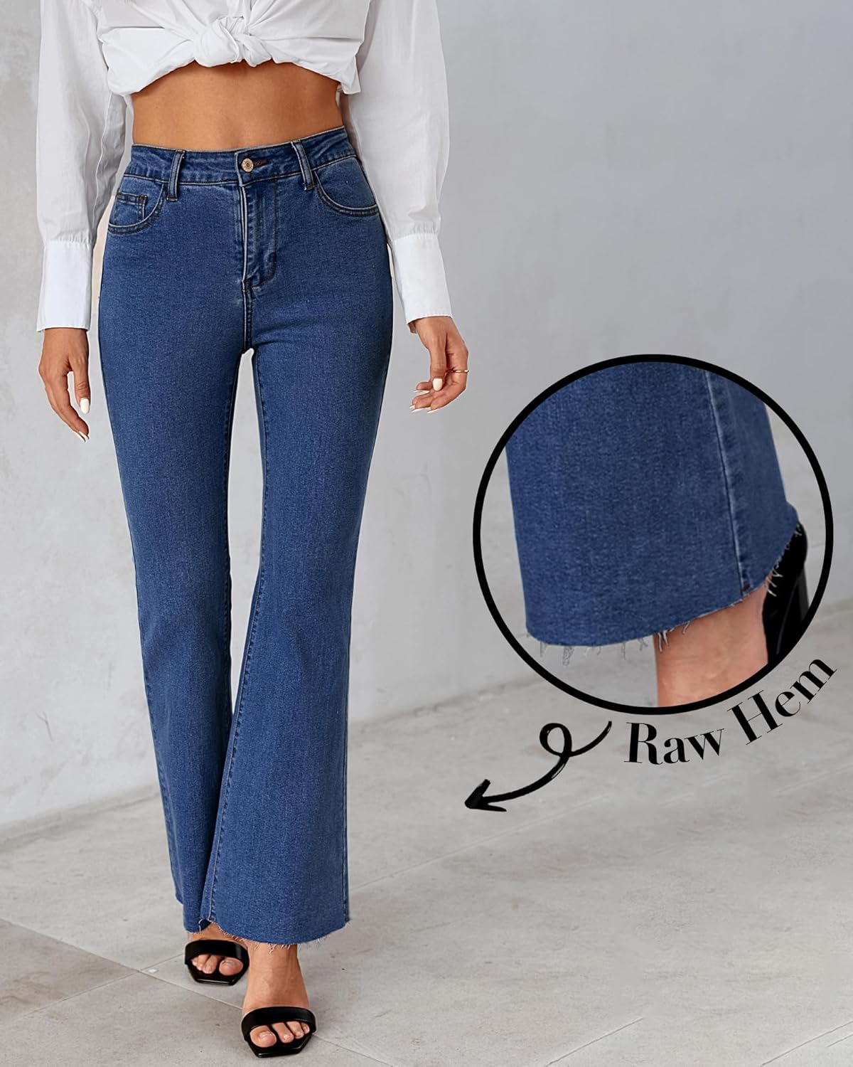 GRAPENT Wide Leg Jeans for Women Trendy High Waisted Flare Stretchy Bell Bottom Denim Pants Baggy Raw Hem Trouser JeansDarkness Blue