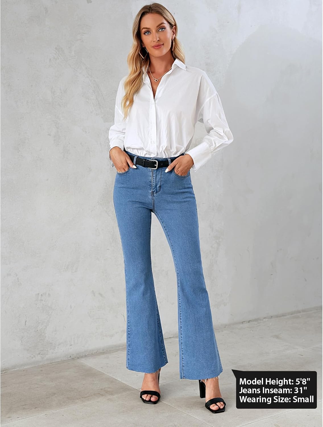 GRAPENT Wide Leg Jeans for Women Trendy High Waisted Flare Stretchy Bell Bottom Denim Pants Baggy Raw Hem Trouser JeansMedium Blue
