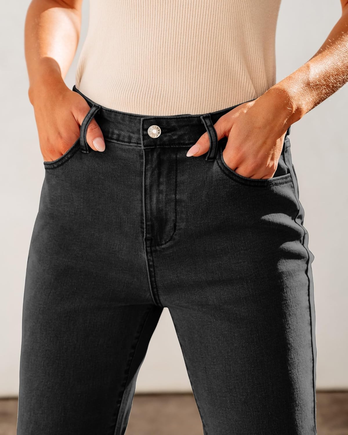 GRAPENT Wide Leg Jeans for Women Trendy High Waisted Flare Stretchy Bell Bottom Denim Pants Baggy Raw Hem Trouser JeansWashed Black