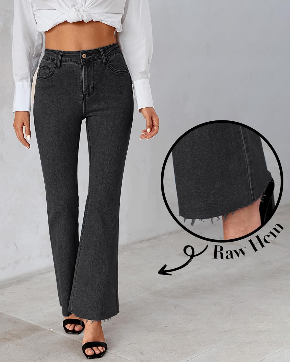 GRAPENT Wide Leg Jeans for Women Trendy High Waisted Flare Stretchy Bell Bottom Denim Pants Baggy Raw Hem Trouser JeansWashed Black