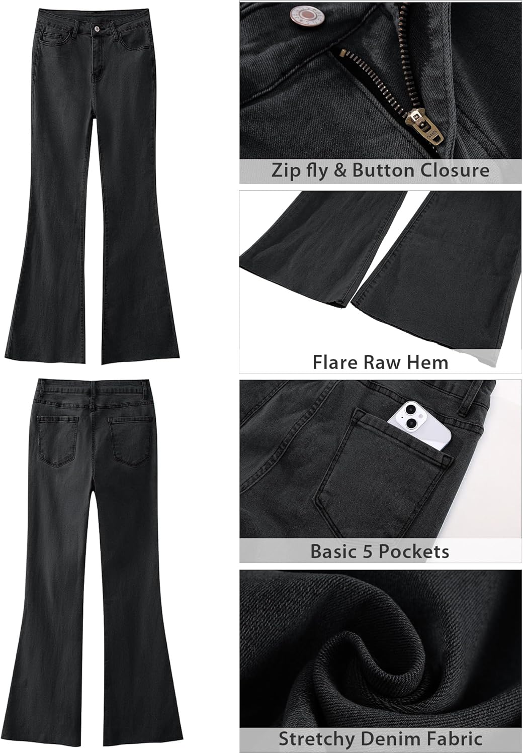GRAPENT Wide Leg Jeans for Women Trendy High Waisted Flare Stretchy Bell Bottom Denim Pants Baggy Raw Hem Trouser JeansWashed Black