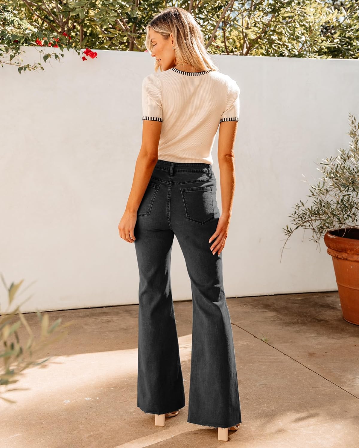 GRAPENT Wide Leg Jeans for Women Trendy High Waisted Flare Stretchy Bell Bottom Denim Pants Baggy Raw Hem Trouser JeansWashed Black