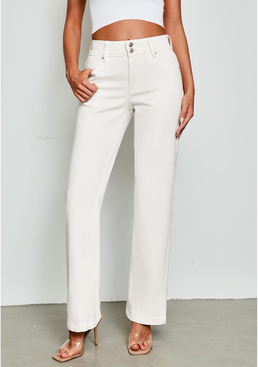 GRAPENT Wide Leg Jeans for Women Trendy High Waisted Flare Stretchy Denim Pants Baggy Dual Button Trouser Jeans PocketsCream White