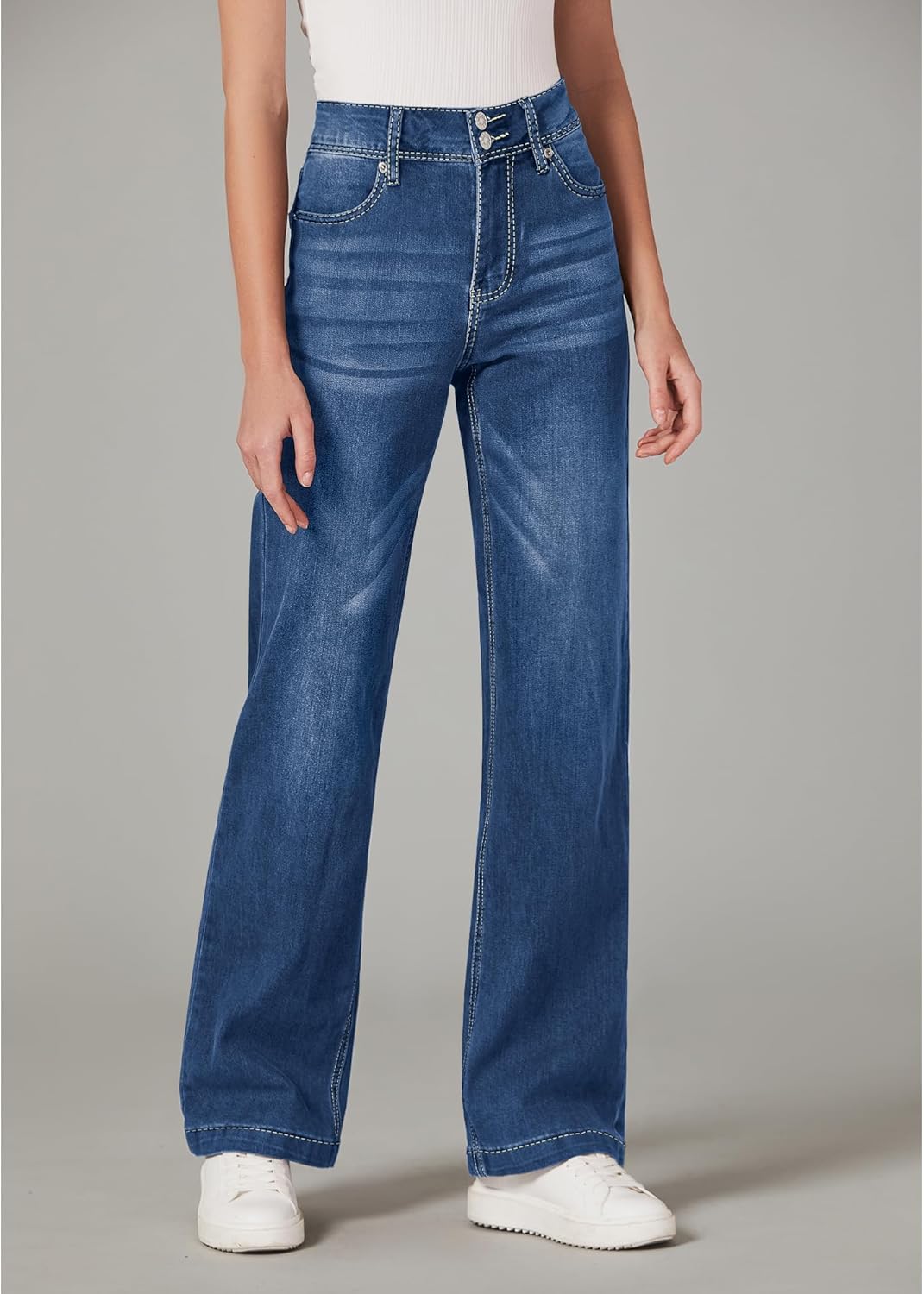 GRAPENT Wide Leg Jeans for Women Trendy High Waisted Flare Stretchy Denim Pants Baggy Dual Button Trouser Jeans PocketsDark Blue