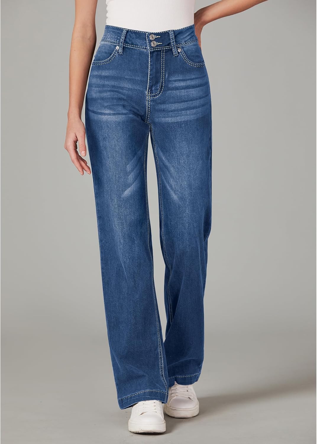 GRAPENT Wide Leg Jeans for Women Trendy High Waisted Flare Stretchy Denim Pants Baggy Dual Button Trouser Jeans PocketsDark Blue